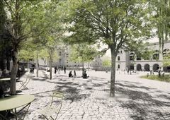 Stænderpladsen set fra Dom-Caféen. Tegning: Marianne Levinsen Landskab ApS.