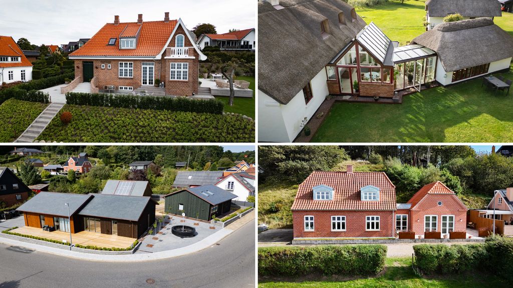 De fire nominerede til Arkitekturens Pris 2026: Kloster Allé 11 i Viborg, Orangeriet på Tåruphøjvej 7 i Hvidding, Tange Søvej 4 i Tange og Strandvejen 20 i Hjarbæk. Foto: Jesper Hæstrup Aagaard.