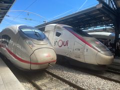 Et tysk og et fransk højhastighedstog holder klar til afgang i solen på Gare de l'Est