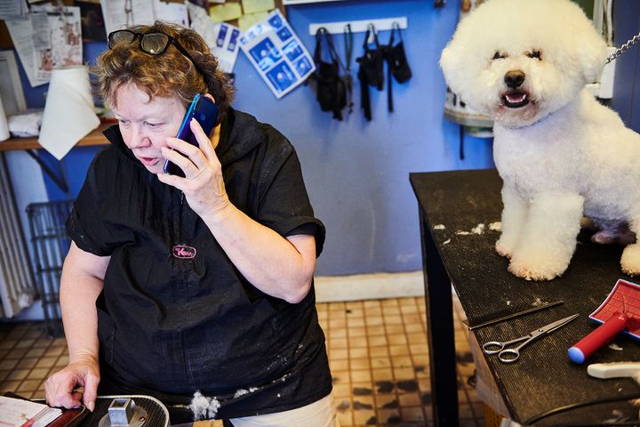 Indehaver af Alices Hundesalon taler i telefon mens hvid puddelhund venter