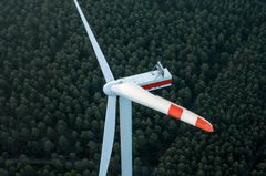 Drohnenaufnahme einer Ørsted-Windkraftanlage in einer Waldfläche.