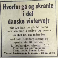 Spies annonce til et vinterophold på Mallorca fra 1957