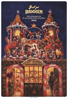 Juleplakat af kunstner Jeppe Eisner. Bakkens “huskunstner”. Flere af hans og hans fars værker kan opleves flere steder på Bakken