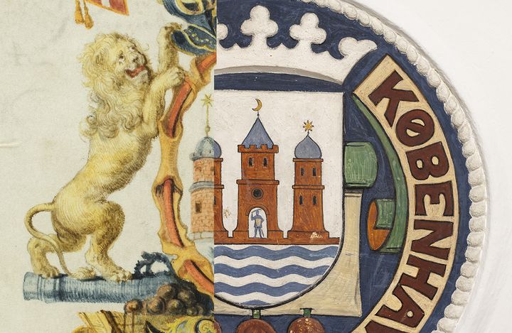 Collage af to byvåben fra 1661 og 1905.