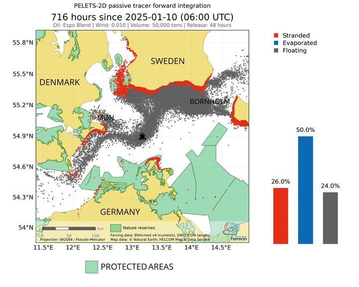 Simulation af hvordan et oliespild på 50.000 ton olie fra den nødstedte  skyggetanker, Eventin, ville have forurenet beskyttede hav- og kystområder i både Danmark, Sverige og Tyskland i løbet af en måned.