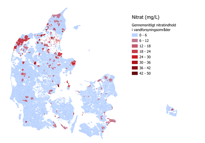 Områder i Danmark der overskrider anbefaling til ny nitratgrænse
