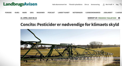 Concitos seniorkonsulent Tavs Nyord er citeret i Landbrugsavisen.dk for at sige: ”Af klimamæssige årsager har vi desværre behov for pesticider”, men hvor henter han sin viden fra? Skærmbillede.