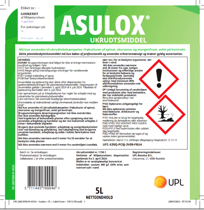 Asulox indeholder sprøjtegiften asulam, der udgør en ganske alvorlig sundhedsrisiko for både mennesker og miljø.  Asulam er kategoriseret som et hormonforstyrrende kemikalie, der efterligner eller blokerer naturlige hormoner. Kemikaliet kan have ødelæggende virkninger på den humane udvikling selv i ekstremt lave doser, bl.a. ved at påvirke skjoldbruskkirtlen hos mennesker, hvilket er den vægtigste begrundelse for EU-forbuddet. Stoffet kan også forårsage kræft eller hjerneskade på alle alderstrin.
