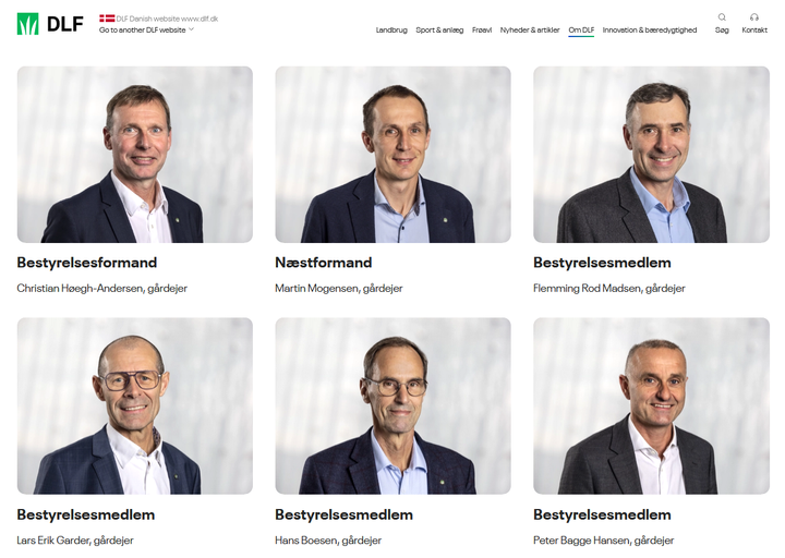 Disse seks agroproducenter står i spidsen for Dansk Landbrugs Frøselskab (DLF), der har en længere historik med anvendelse af forbudte sprøjtegifte. Disse producenter sigter miljøministeren til, når han finder det ”uforsvarligt og uetisk”, at danske agroproducenter udsætter mennesker og miljøet i lande uden for EU for farlige stoffer, som vi ikke vil tillade herhjemme. Skærmbillede fra DLF-hjemmeside.