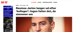 Den konservative MF'er Rasmus Jarlov langer ud efter ‘kolleger’ i Folketinget, som han forlader til næste valg. Skærmbillede fra BT.