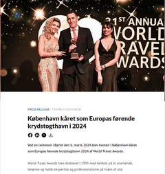 Ved en ceremoni i Berlin den 6. marts 2024 blev havnen i København kåret som Europas førende krydstogthavn 2024 af World Travel Awards.