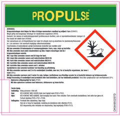 Propulse er et eksempel på et PFAS-sprøjtemiddel, der anvendes lovligt, selvom det forurener med TFA. Det er dansk landbrugs mest anvendte sprøjtegift. Etikette fra Middeldatabasen.