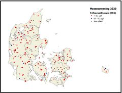 Geografisk fordeling af analyseresultaterne for TFA fra massescreening 2020. Resultaterne er opdelt i kategorierne ”fund over kravværdien for pesticidstoffer på 0,1 μg/l”, ”fund mellem detektionsgrænsen (LD) og 0,1 μg/l” og ”ikke påvist”. LD for TFA er 0,05 μg/l, hvilket reelt er kvantifikationsgrænsen (LQ). Det terrænnære grundvand defineres som det grundvand, der ses som fysisk højtstående grundvand og som forårsager en direkte påvirkning som indtrængen i kældre, indsivning i utætte rør, vand på terræn mv., men det er også disse vandmasser, der gradvis siver ned til de egentlige grundvandsmagasiner, der oppumpes til drikkevand fra 20-100 meter under jordoverfladen. Ved større dybder øges risikoen for at træffe vand, der er uanvendeligt som drikkevand på grund af især salt (natriumklorid) fra havet eller salthorste.