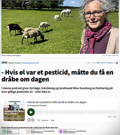 Den selvudnævnte toksikolog Nina Svanborg påstår, at øl er farligere end pesticider i en podcast med landbrugsavisen.dk. i sommeren 2024. Skærmbillede.