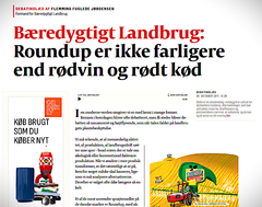 Tilbage i 2017 mente Bæredygtigt Landbrugs daværende formand, at rødvin er farligere at drikke end RoundUp med pesticidaktivstoffet glyfosat. Skærmbillede fra Politiken.