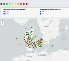 Kortet er fremstillet af Jonas Stage Sø på baggrund af de 15.961 prøver for PFAS som er taget på tværs af Danmark og findes frit tilgængeligt på Miljøportalen. Prøverne er taget i vandløb, ved badevandsstationer, renseanlæg, mv.