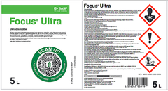 Focus Ultra, der anvendes på Brogård til at sprøjte porrer og krydderurter, mistænkes for at kunne skade det ufødte barn og reproduktionsevnen. Etikette fra Middeldatabasen.