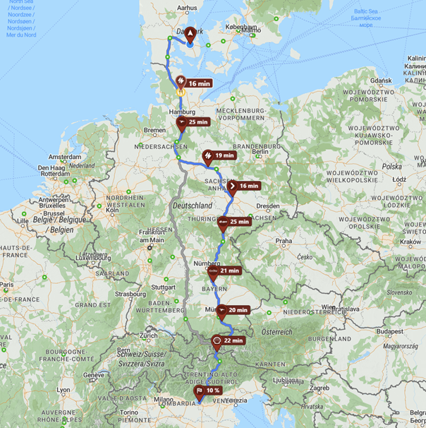 Er du klar til turen gennem Europa i elbil? Energi Fyns ladeeksperter har lavet ruten for dig fra Odense til Gardasøen |