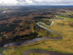 Luftfoto af en snoet flod, der løber gennem en grøn og brun vildmark.