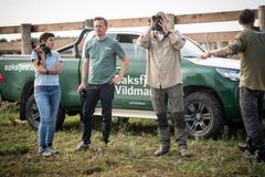 Fire personer står udenfor ved en pick-up truck med "Saksfjed Vildmark" logo. En person bruger kikkert.