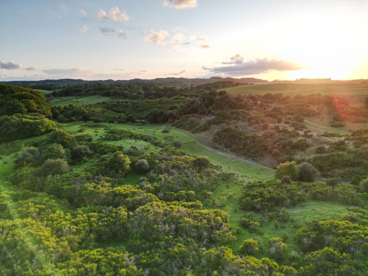 Luftfoto af Molslaboratoriet ved solnedgang, med frodige grønne landskaber og bakker.