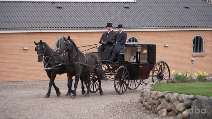 Svend Åge kan bedre lide at sidde oppe på kuskens plads i hestevognen end at sidde inde i selve kareten. Men da han og konen, Lilly, fejrede guldbryllup, blev Svend Åge nødt til at tage plads i de polstrede sæder. Svend Åge blev gift med Lilly i 1969. Foto - DBA Guide
