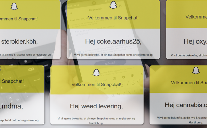 Billede viser Snapchat-velkomstskærme med brugernavne, der indeholder narkorelaterede ord som 'steroider', 'coke', 'weed', 'cannabis' og 'MDMA'.