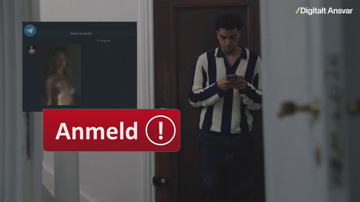 En person står i en gang og kigger på sin telefon. En stor rød boks med teksten "Anmeld!" er i forgrunden.
