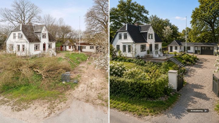 Visualisering: Til venstre ses den oprindelige bolig. Til højre ses en AI-genereret visualisering af en mulig forbedring.