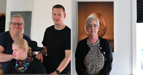 To fotos side om side. Til venstre er en familie på tre samlet, bestående af en kvinde, mand og et barn i kørestol. Til højre står en enkelt kvinde foran en væg med et kunstværk.