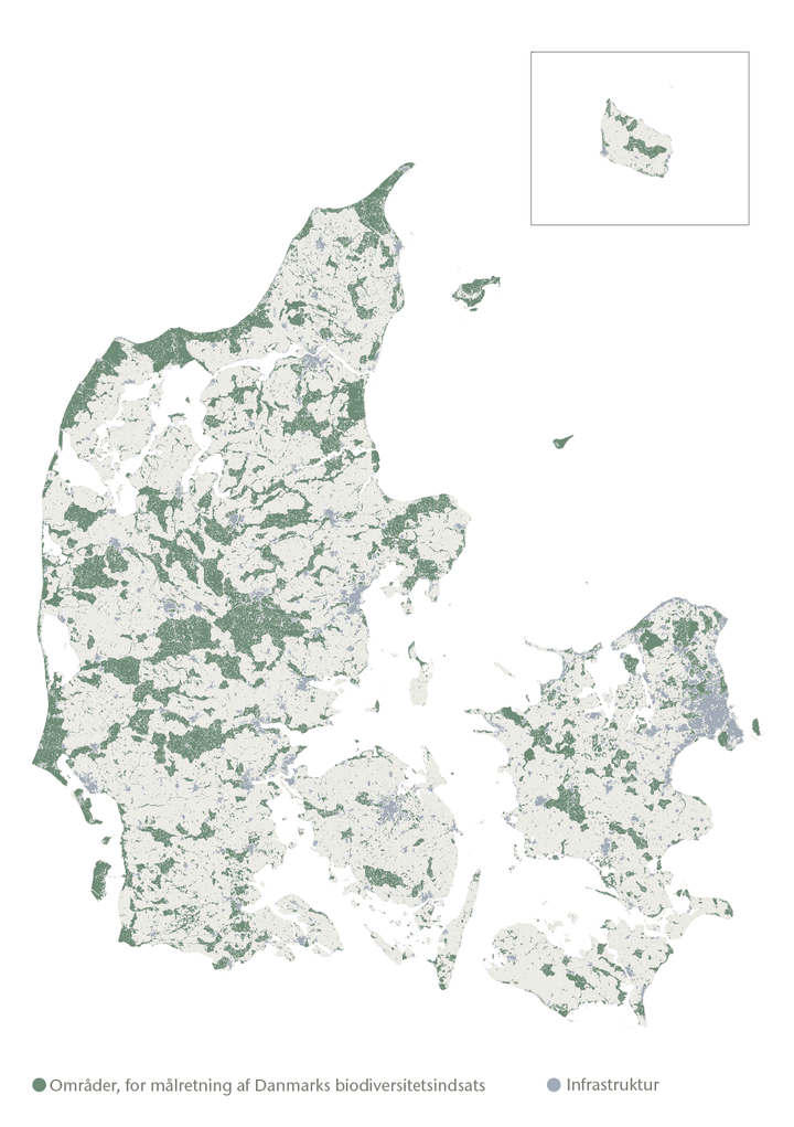 De grønne områder på kortet udgør samlet set 30 % af Danmarks landareal og som Biodiversitetsrådet anbefaler som udgangspunkt for at skabe store, sammenhængende beskyttede og strengt beskyttede områder i Danmark.