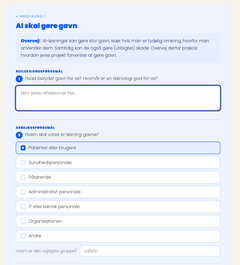 Workshoppen er bygget op om tre af projektets fire anbefalinger og veksler mellem korte videoer og spørgsmål, som deltagerne besvarer i fællesskab.