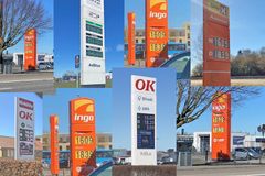 Collage med prisskilte med ens priser på tankstationer