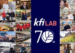 Billede af mennesker i forskellige købmandssituationer omkring KFI LAB-logoet og "70 år" tekst.