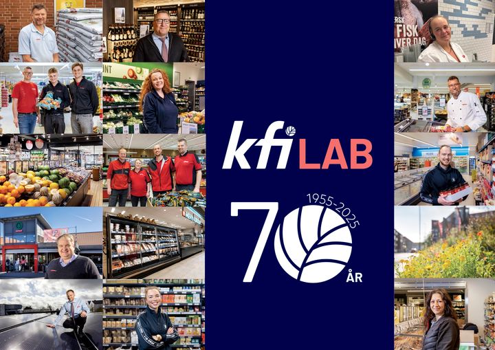 Billede af mennesker i forskellige købmandssituationer omkring KFI LAB-logoet og "70 år" tekst.
