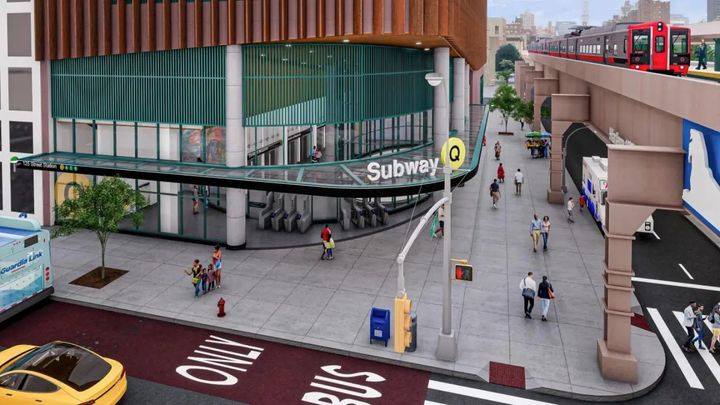Grafikken illustrerer indgangen til en kommende station ved 125th Street og Lexington Avenue, som er en del af den store metroudvidelse i New York.