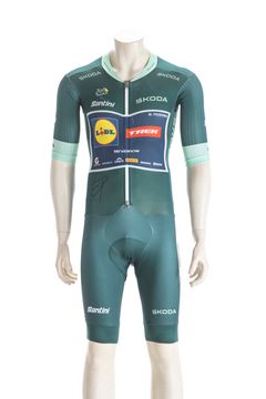 Den grønne speedsuit på auktion. Raceworn på flere etaper, herunder 21. etape (Champs-Élysées). Underskrevet af Mads P.