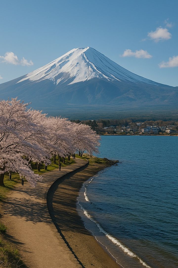Sneklædte Mount Fuji i Japan set bag en søbred med blomstrende kirsebærtræer og blå himmel.
