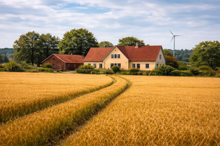 Landejendom beliggende i en gul kornmark