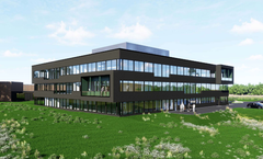 Visualisering af den fremtidige administrationsbygning, som opføres på Royal Unibrews grund i direkte tilknytning til virksomhedens eksisterende administrationsbygning.