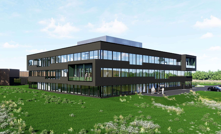 Visualisering af den fremtidige administrationsbygning, som opføres på Royal Unibrews grund i direkte tilknytning til virksomhedens eksisterende administrationsbygning.