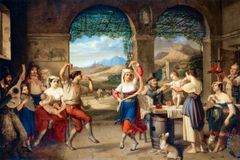 Maleri: "Saltarello danses i et romersk osteri", Dietrich Lindau, 1827