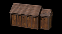 3D-model af en trækirke med skråt tag og træbeklædning.