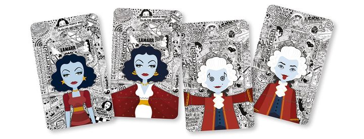 Four illustrated crypto stamps featuring stylized portraits: two of a woman with blue hair and red outfits labeled "Lamarr, The Star" and "Hedy, The Mind," and two of a man with white hair and red outfits labeled "Mozart, The Maestro" and "Amadeus, The Prankster," set against detailed black-and-white backgrounds.