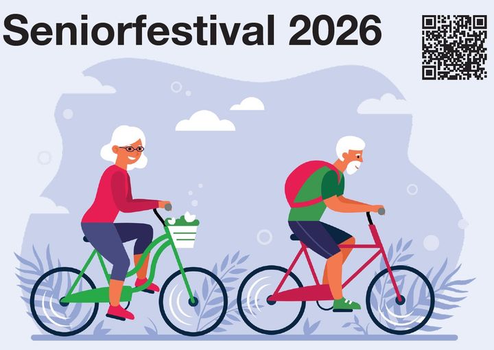 Grafik med to ældre personer, der cykler