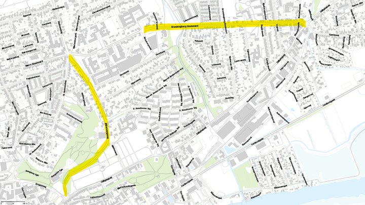Asfaltarbejdet bliver udført på strækningerne markeret med gul