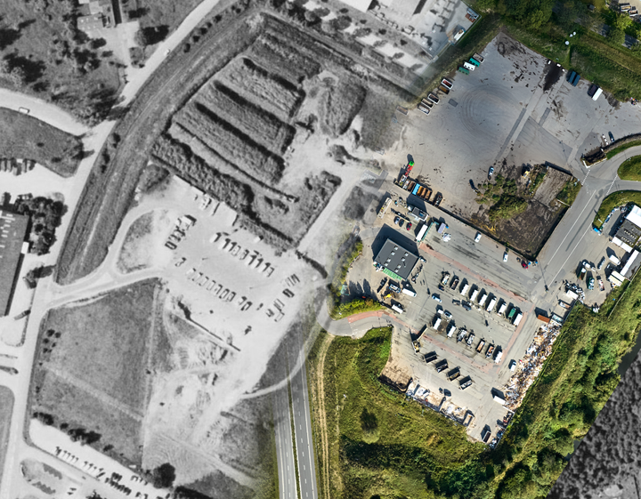Luftfoto-collage med luftfoto af genbrugspladsen i 2002 og 2026