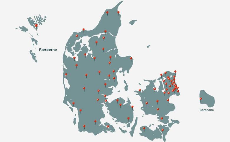 Danmarkskort med oversigt over alle Videnskabsklubber i Danmark og på Færøerne