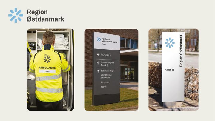 Region Østdanmarks nye design og logo vil gradvist blive taget i brug på blandt andet bygnin-ger, skilte, køretøjer, uniformer, hjemmesider og patientinformation. Logoet symboliserer Re-gion Østdanmarks seks nye sundhedsråd og mødet mellem regionen og de mennesker, den er sat i verden for at hjælpe.