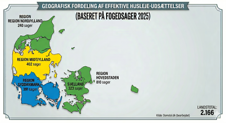 Der er store regionale forskel på, hvor mange lejere der sættes på gaden ved en fogedsag. Tal for effektive udsættelser. Kilde: Domstolsstyrelsen.